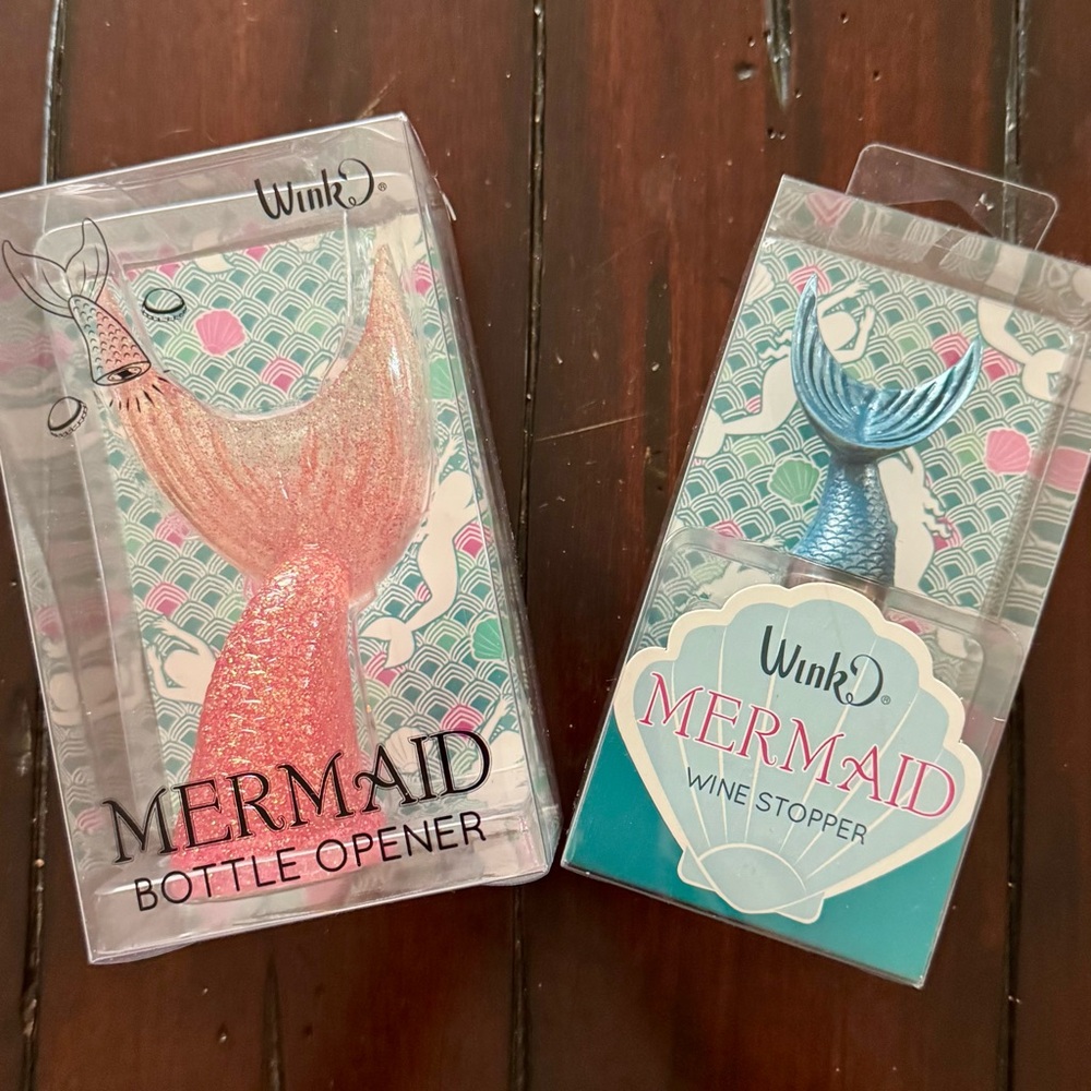 Wink Mermaid Bottle Opener and Wine Stopper Set - Pink and Blue